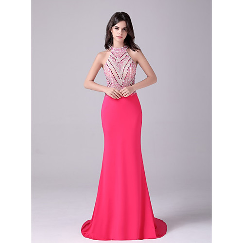 

Mermaid / Trumpet Empire Sexy Wedding Guest Formal Evening Dress Halter Neck Sleeveless Court Train Spandex with Beading 2021