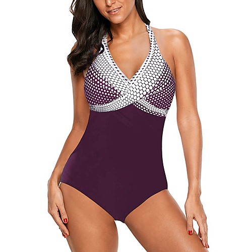 

Women's One Piece Swimsuit Lace up Print Color Block Blue Purple Black Swimwear Padded Bathing Suits Fashion Sexy