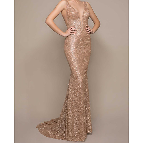 

Sheath / Column Beautiful Back Sexy Engagement Formal Evening Dress V Neck Sleeveless Court Train Sequined with Sleek 2021