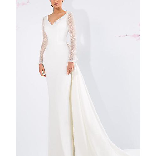 

Sheath / Column Wedding Dresses V Neck Sweep / Brush Train Tulle Italy Satin Long Sleeve Country Simple with Ruffles 2021