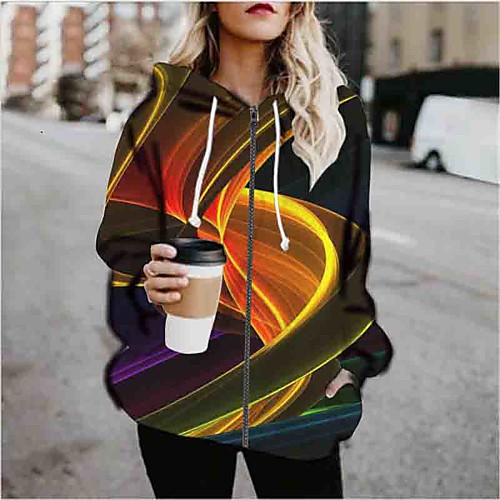 

Women's Hoodied Jacket Sports Fall & Winter Regular Coat Loose Jacket Long Sleeve Print Print Orange