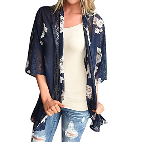 

Women's Cloak / Capes Dailywear Spring Summer Regular Coat Loose Casual Jacket 3/4 Length Sleeve Florals Floral Navy Blue / Cotton