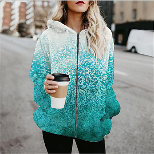 

Women's Hoodied Jacket Sports Spring & Fall Regular Coat Regular Fit Active Streetwear Jacket Long Sleeve Geometric Patchwork Blue / Going out / Print