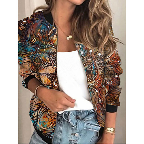 

Women's Jacket Sports Spring & Fall Regular Coat Regular Fit Streetwear Jacket Long Sleeve Geometric Patchwork Purple Khaki / Going out / Print