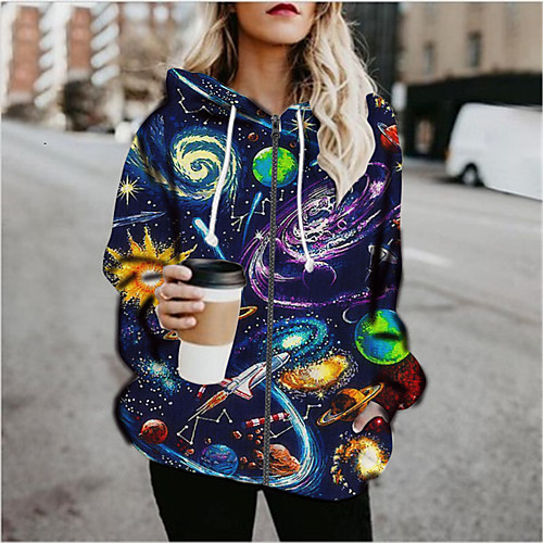 

Women's Hoodied Jacket Sports Fall & Winter Regular Coat Loose Jacket Long Sleeve Print Print Blue