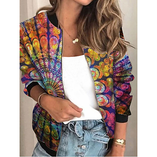 

Women's Jacket Sports Spring & Fall Regular Coat Regular Fit Streetwear Jacket Long Sleeve Geometric Patchwork Rainbow / Going out / Print