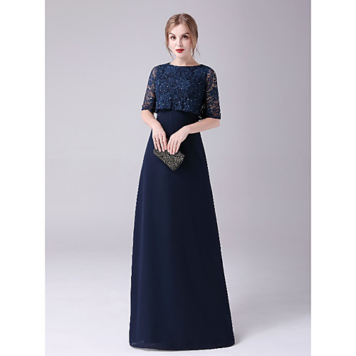 

A-Line Mother of the Bride Dress Elegant Sweet Jewel Neck Floor Length Chiffon Half Sleeve with Lace Crystals 2021