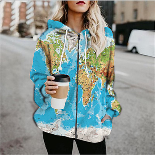 

Women's Hoodied Jacket Sports Fall & Winter Regular Coat Loose Jacket Long Sleeve Print Print Blue
