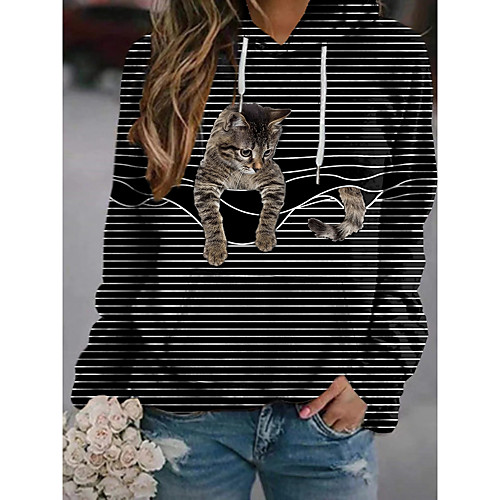 

Women's Hoodie Pullover Striped Cat Graphic Front Pocket Print Daily 3D Print Basic Casual Hoodies Sweatshirts Black