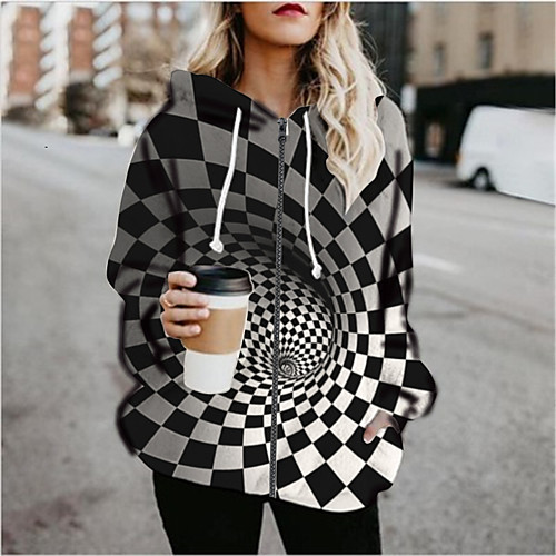 

Women's Hoodied Jacket Sports Fall & Winter Regular Coat Loose Jacket Long Sleeve Print Print Black