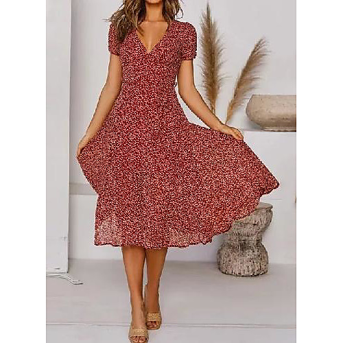 

Women's Swing Dress Knee Length Dress Green Red Short Sleeve Polka Dot Print Summer V Neck Casual Vacation Boho Holiday 2021 S M L XL XXL