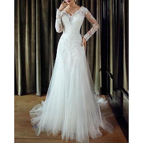 

A-Line Wedding Dresses V Neck Sweep / Brush Train Lace Tulle Long Sleeve Country Romantic with Appliques 2021