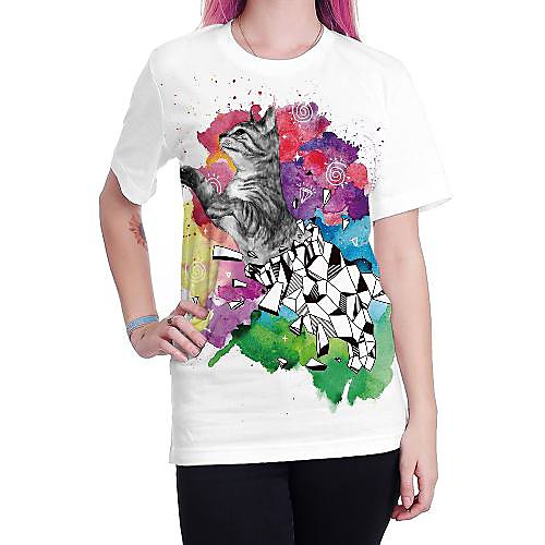 

Women's T shirt Cat Graphic Prints Animal Patchwork Print Round Neck Tops Basic Basic Top White