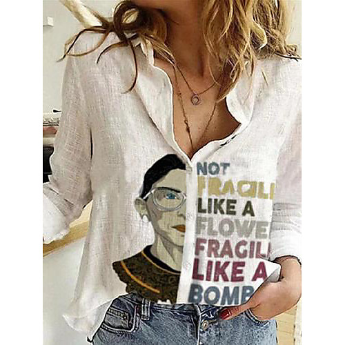 

Women's Blouse Shirt Portrait Letter Long Sleeve Print Shirt Collar Basic Tops White
