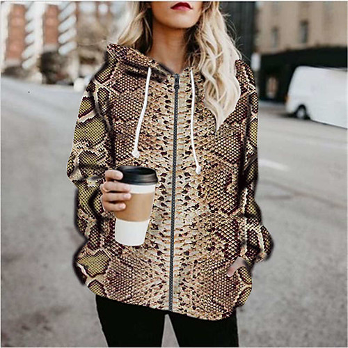 

Women's Hoodied Jacket Sports Fall & Winter Regular Coat Loose Jacket Long Sleeve Print Print Gray