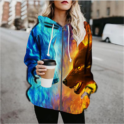 

Women's Hoodied Jacket Sports Fall & Winter Regular Coat Loose Jacket Long Sleeve Print Print Rainbow