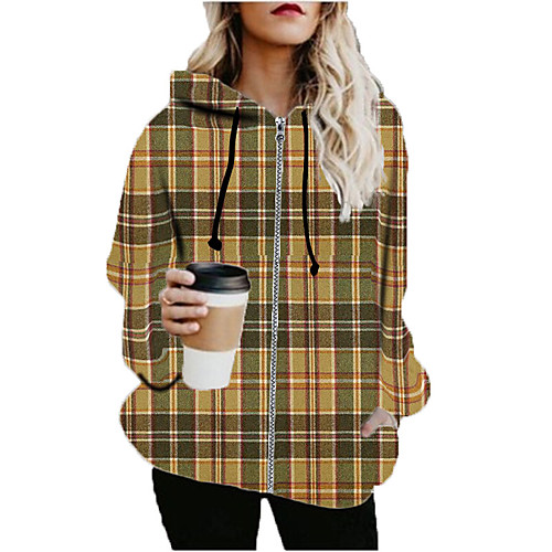 

Women's Hoodied Jacket Sports Fall & Winter Long Coat Loose Jacket Long Sleeve Plaid Print Khaki