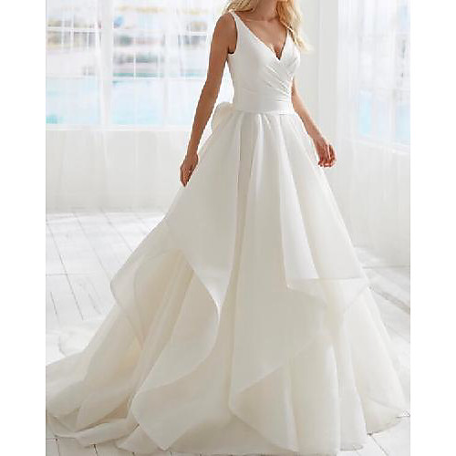 

A-Line Wedding Dresses V Neck Sweep / Brush Train Satin Tulle Sleeveless Country Simple with Bow(s) Ruched Cascading Ruffles 2021