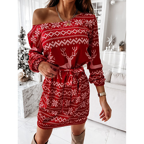 

Women's Sheath Dress Knee Length Dress White Black Red Long Sleeve Print Fall Spring Casual Loose 2021 S M L XL XXL