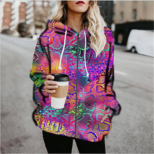 

Women's Hoodied Jacket Sports Fall & Winter Regular Coat Loose Jacket Long Sleeve Print Print Rainbow