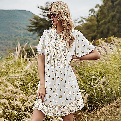 

Women's A Line Dress Short Mini Dress White Short Sleeve Print Patchwork Print Spring Round Neck Casual Loose 2021 S M L XL