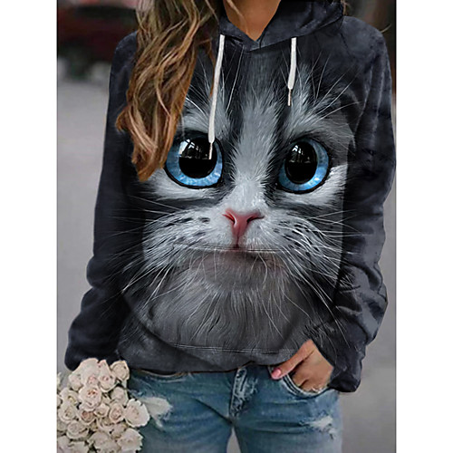 

Women's Hoodie Pullover Cat Graphic 3D Front Pocket Print Daily 3D Print Basic Casual Hoodies Sweatshirts Black