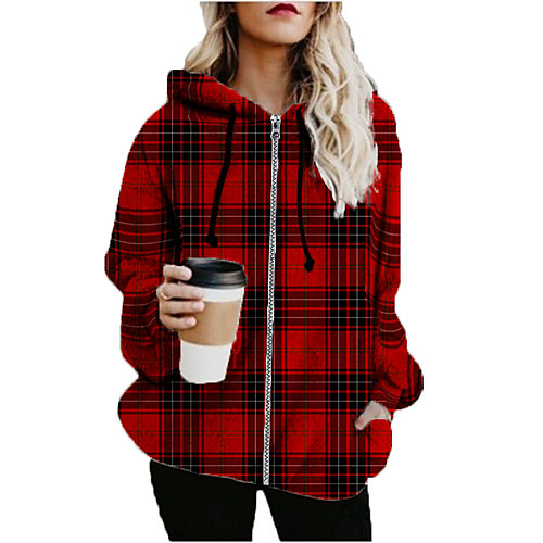 

Women's Hoodied Jacket Sports Fall & Winter Long Coat Loose Jacket Long Sleeve Plaid Print Red