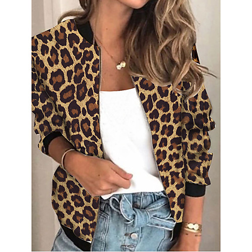 

Women's Jacket Sports Spring & Fall Regular Coat Regular Fit Streetwear Jacket Long Sleeve Leopard Patchwork Khaki / Going out / Print