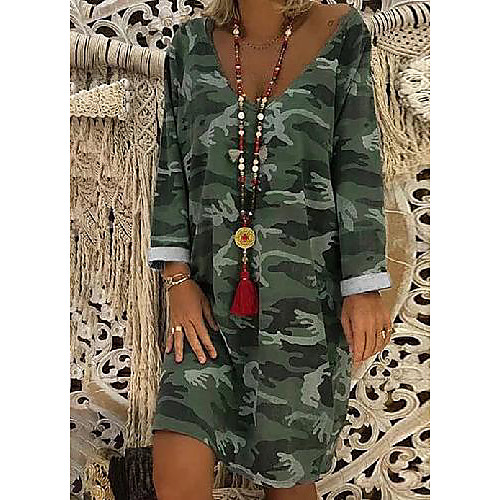 

Women's Shift Dress Short Mini Dress Army Green Long Sleeve Print Print Fall Spring V Neck Casual Going out 2021 S M L XL