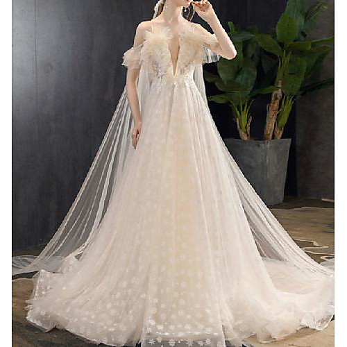 

Princess A-Line Wedding Dresses Spaghetti Strap Court Train Tulle Short Sleeve Formal Romantic with Pleats Ruffles Appliques 2021