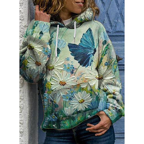 

Women's Hoodie Pullover Floral Graphic Butterfly Front Pocket Print Daily 3D Print Basic Casual Hoodies Sweatshirts Green