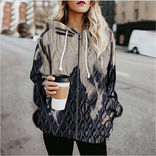 

Women's Hoodied Jacket Sports Fall & Winter Regular Coat Loose Jacket Long Sleeve Print Print Gray