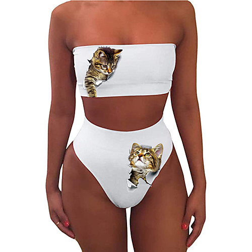 

Women's Tankini 2 Piece Swimsuit Slim Print Animal White Swimwear Bandeau Strapless Bathing Suits New Sexy Sweet