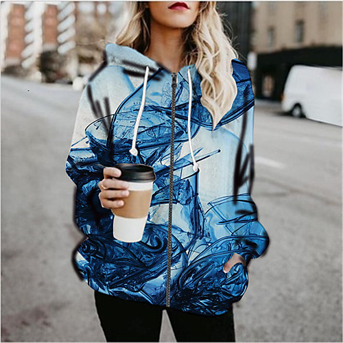 

Women's Hoodied Jacket Sports Fall & Winter Regular Coat Loose Jacket Long Sleeve Print Print Rainbow