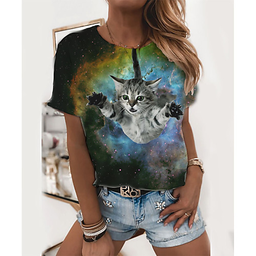 

Women's T shirt Cat 3D Print Round Neck Tops Basic Basic Top Rainbow
