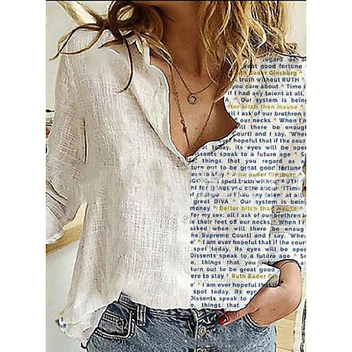 

Women's Blouse Shirt Letter Long Sleeve Print Shirt Collar Tops White