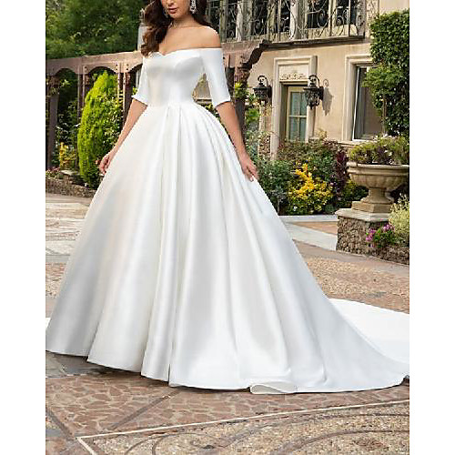 

A-Line Wedding Dresses Off Shoulder Chapel Train Satin Half Sleeve Country Formal with 2021