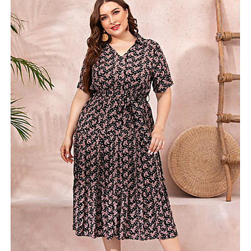 

Women's Sheath Dress Knee Length Dress Black Short Sleeve Print Spring Summer Casual 2021 XL XXL 3XL 4XL / Plus Size / Plus Size