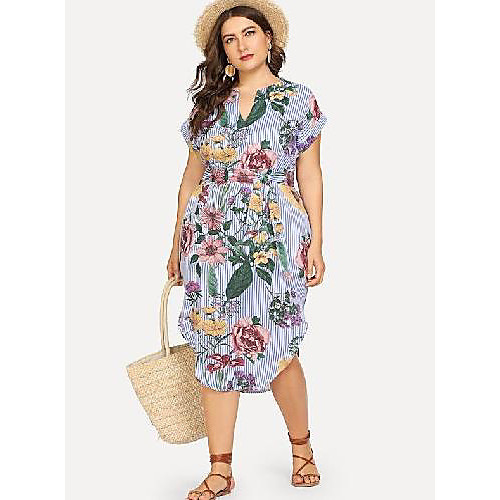 

Women's Plus Size Dress A Line Dress Midi Dress Short Sleeve Floral Striped Lace up Print Casual Spring & Fall