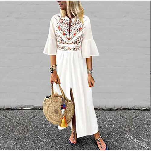 

Women's Swing Dress Maxi long Dress Blue Wine White Black Half Sleeve Floral Ruffle Patchwork Print Summer V Neck Casual Loose 2021 S M L XL XXL
