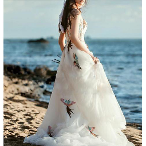 

A-Line Wedding Dresses Jewel Neck Sweep / Brush Train Lace Tulle Sleeveless Country Beach with Embroidery 2021