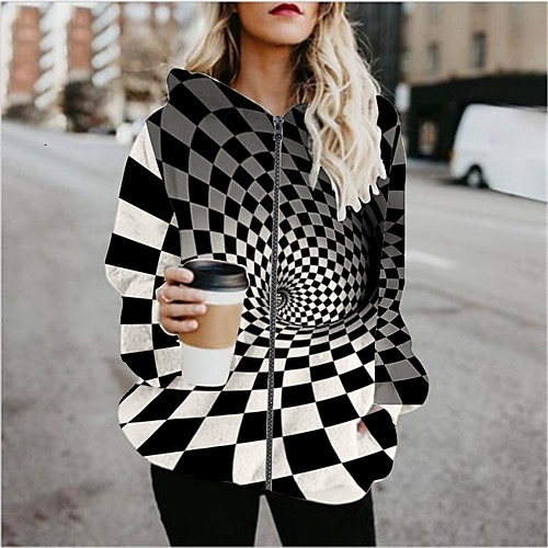 

Women's Hoodied Jacket Sports Spring & Fall Regular Coat Regular Fit Active Streetwear Jacket Long Sleeve Color Block Patchwork Black / Going out / Print