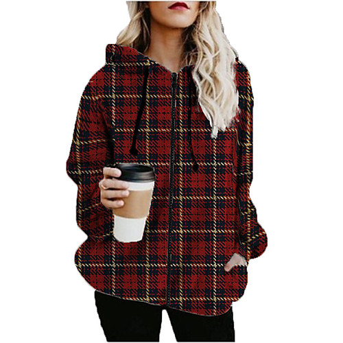 

Women's Hoodied Jacket Sports Fall & Winter Long Coat Loose Jacket Long Sleeve Plaid Print Red