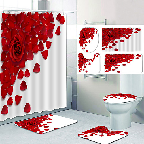 

Bathroom Shower Curtain Set Rose Pattern Polyester Material New Design Include Bathtub Curtain and Mats 4pcs