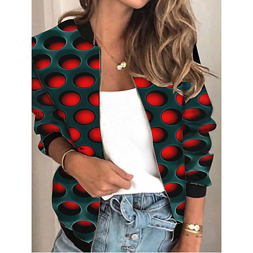 

Women's Jacket Sports Spring & Fall Regular Coat Regular Fit Streetwear Jacket Long Sleeve Polka Dot Patchwork Blue / Going out / Print