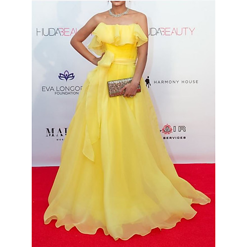 

A-Line Celebrity Style Elegant Engagement Formal Evening Dress Strapless Sleeveless Floor Length Organza with Bow(s) Ruffles 2021