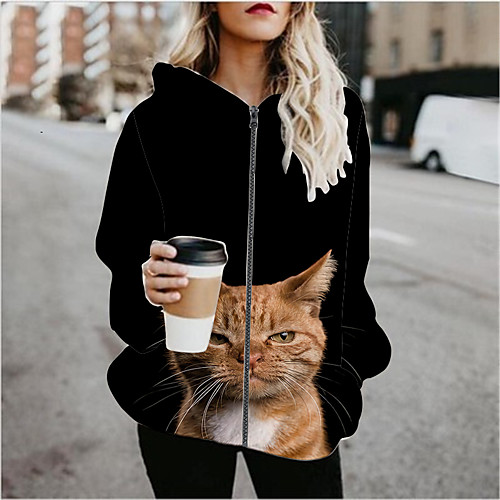 

Women's Hoodied Jacket Sports Spring & Fall Regular Coat Regular Fit Active Streetwear Jacket Long Sleeve Print Patchwork Black / Going out