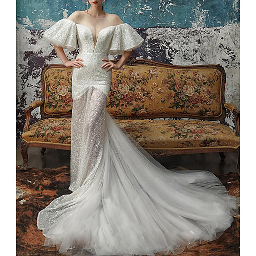 

Mermaid / Trumpet Wedding Dresses Jewel Neck Sweep / Brush Train Sequined Half Sleeve Country Sexy Sparkle & Shine See-Through with Ruffles 2021