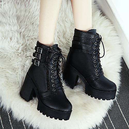 

Women's Boots Platform Chunky Heel Round Toe Mid Calf Boots Booties Ankle Boots Classic Roman Shoes Daily Outdoor PU Buckle Solid Colored Winter White Black / Mid-Calf Boots