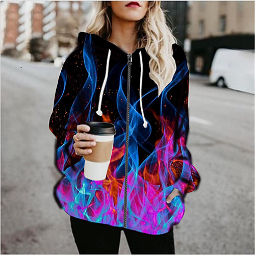 

Women's Hoodied Jacket Sports Fall & Winter Regular Coat Loose Jacket Long Sleeve Print Print Blue